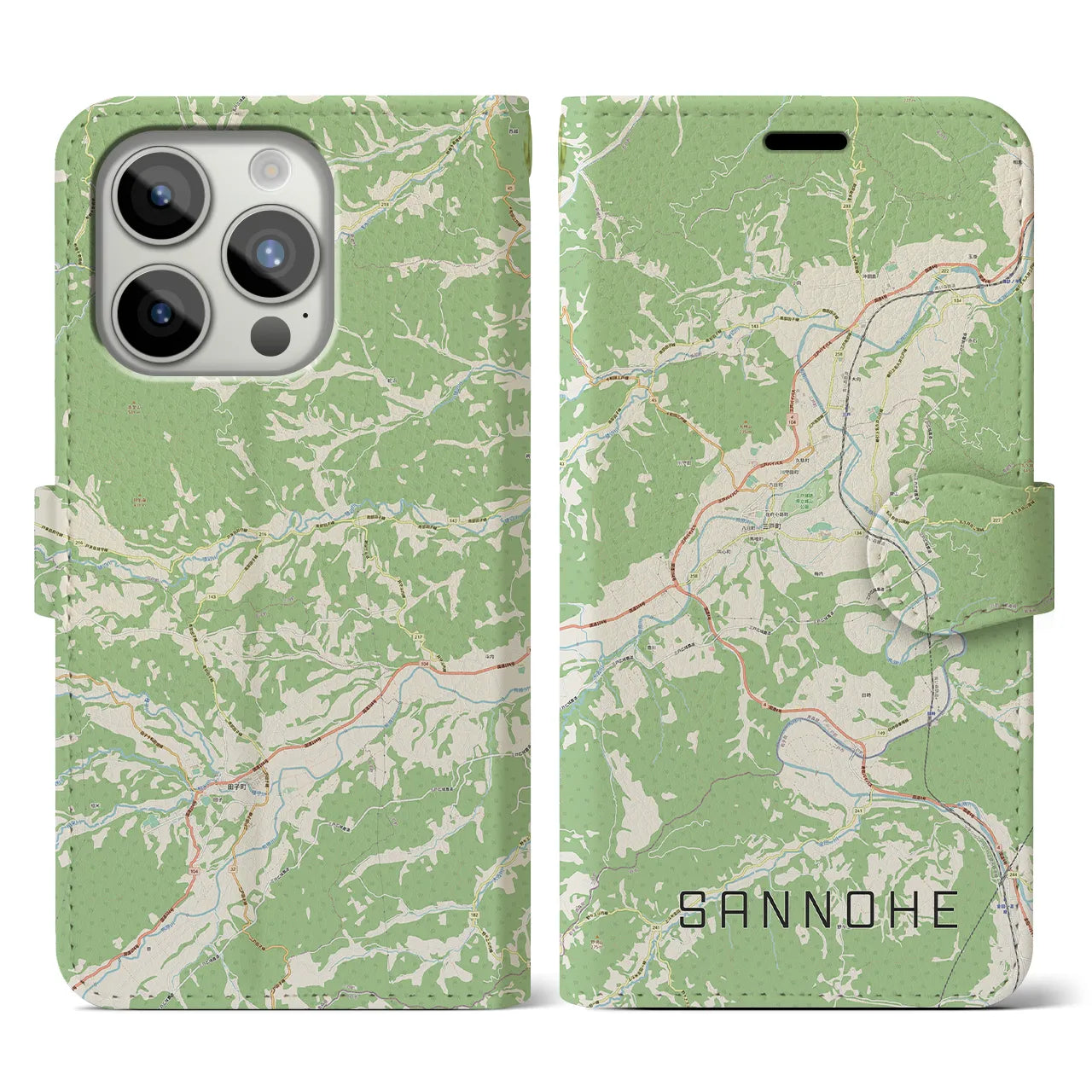 【三戸(青森県)】地図柄iPhoneケース(手帳タイプ)ナチュラル・iPhone 15 Pro 用