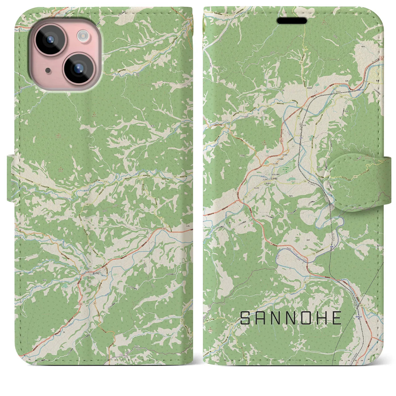 【三戸(青森県)】地図柄iPhoneケース(手帳タイプ)ナチュラル・iPhone 15 Plus 用
