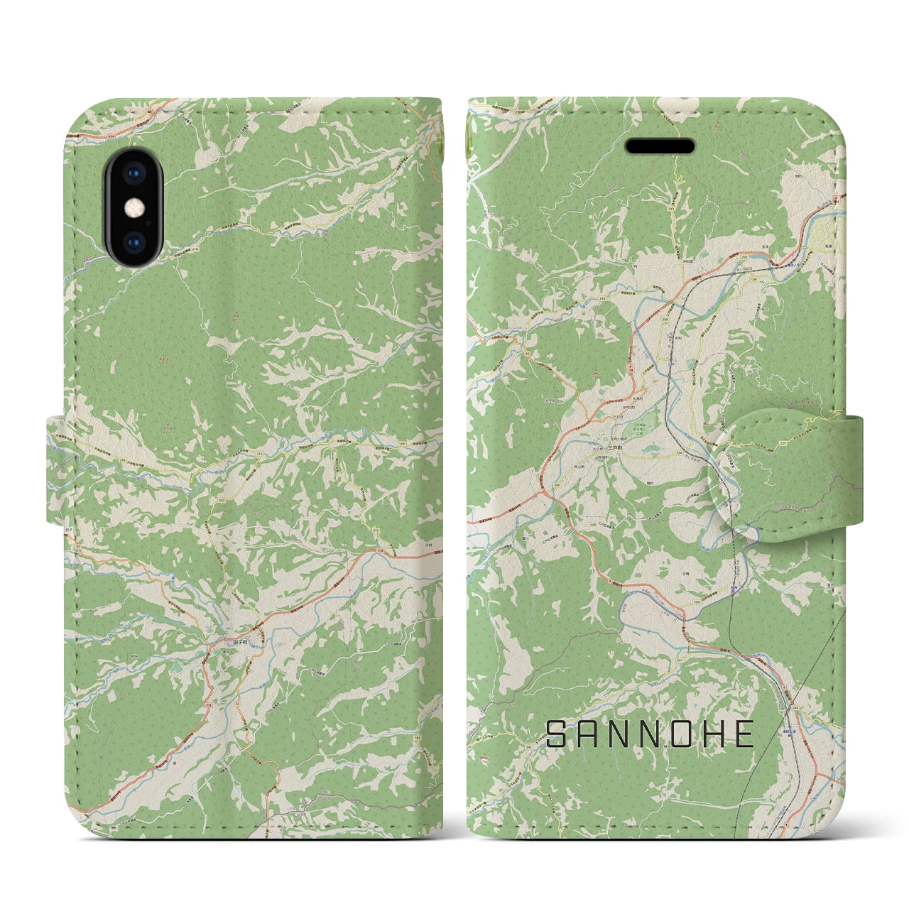 【三戸(青森県)】地図柄iPhoneケース(手帳タイプ)ナチュラル・iPhone XS / X 用