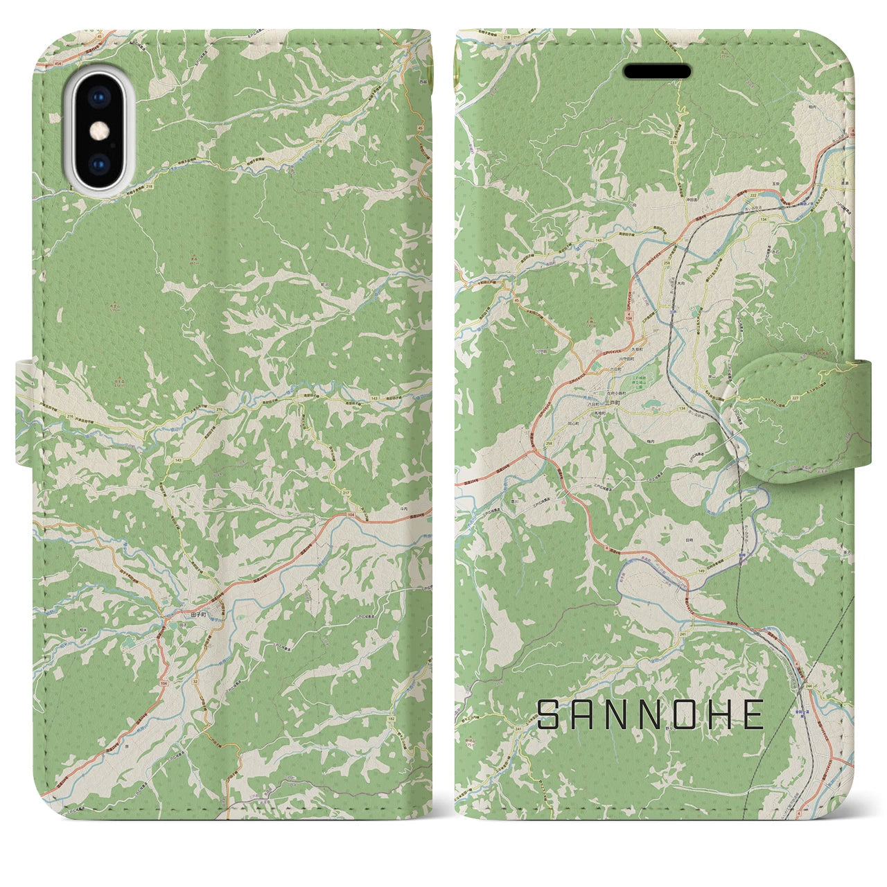 【三戸(青森県)】地図柄iPhoneケース(手帳タイプ)ナチュラル・iPhone XS Max 用