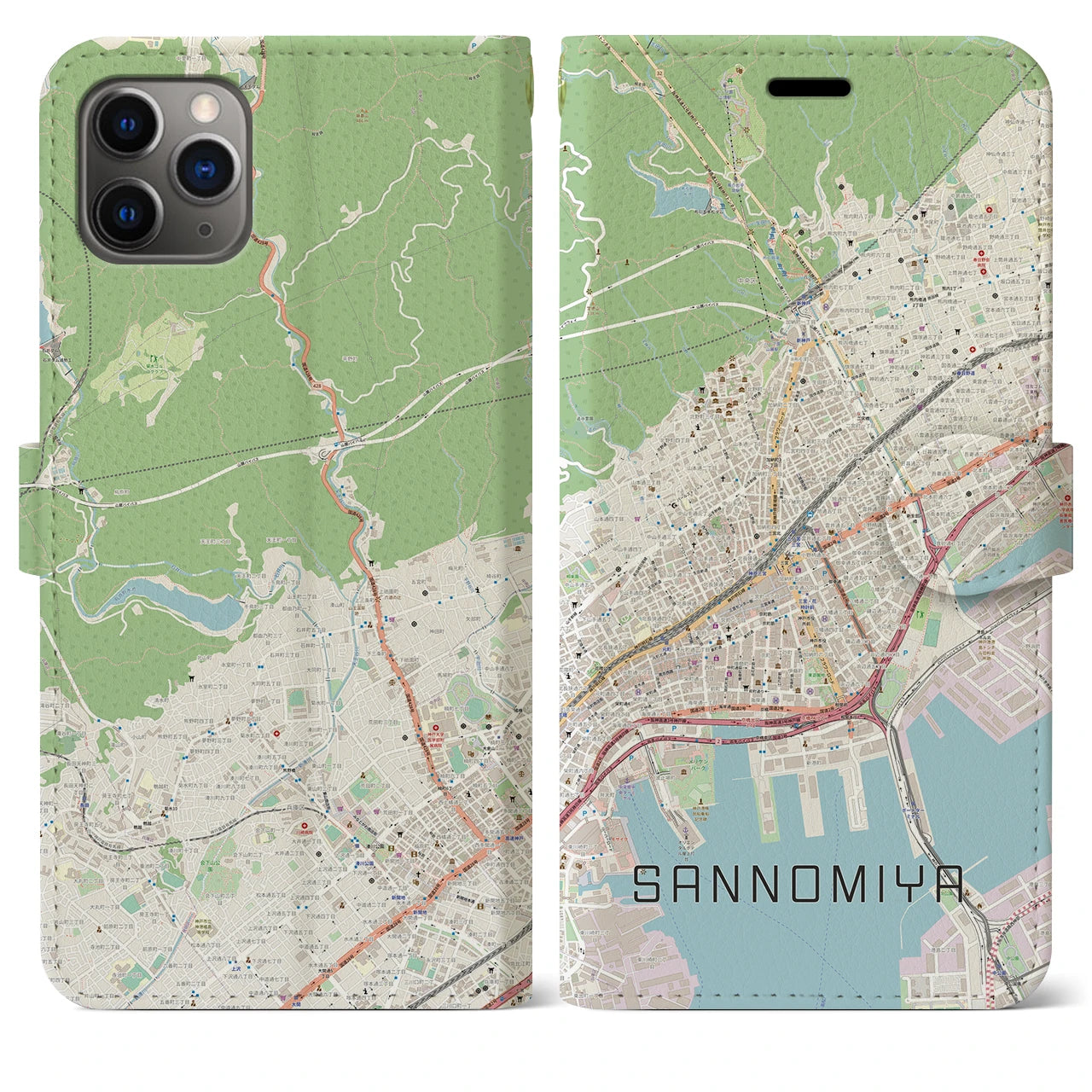 【三宮(兵庫県)】地図柄iPhoneケース(手帳タイプ)ナチュラル・iPhone 11 Pro Max 用
