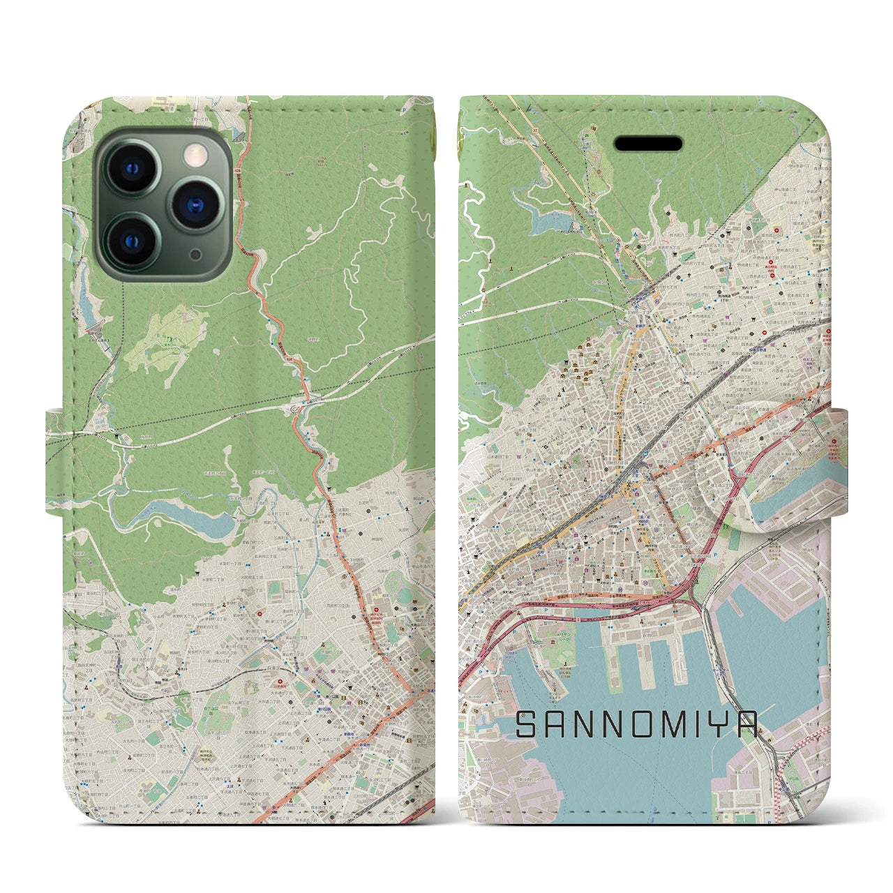 【三宮(兵庫県)】地図柄iPhoneケース(手帳タイプ)ナチュラル・iPhone 11 Pro 用