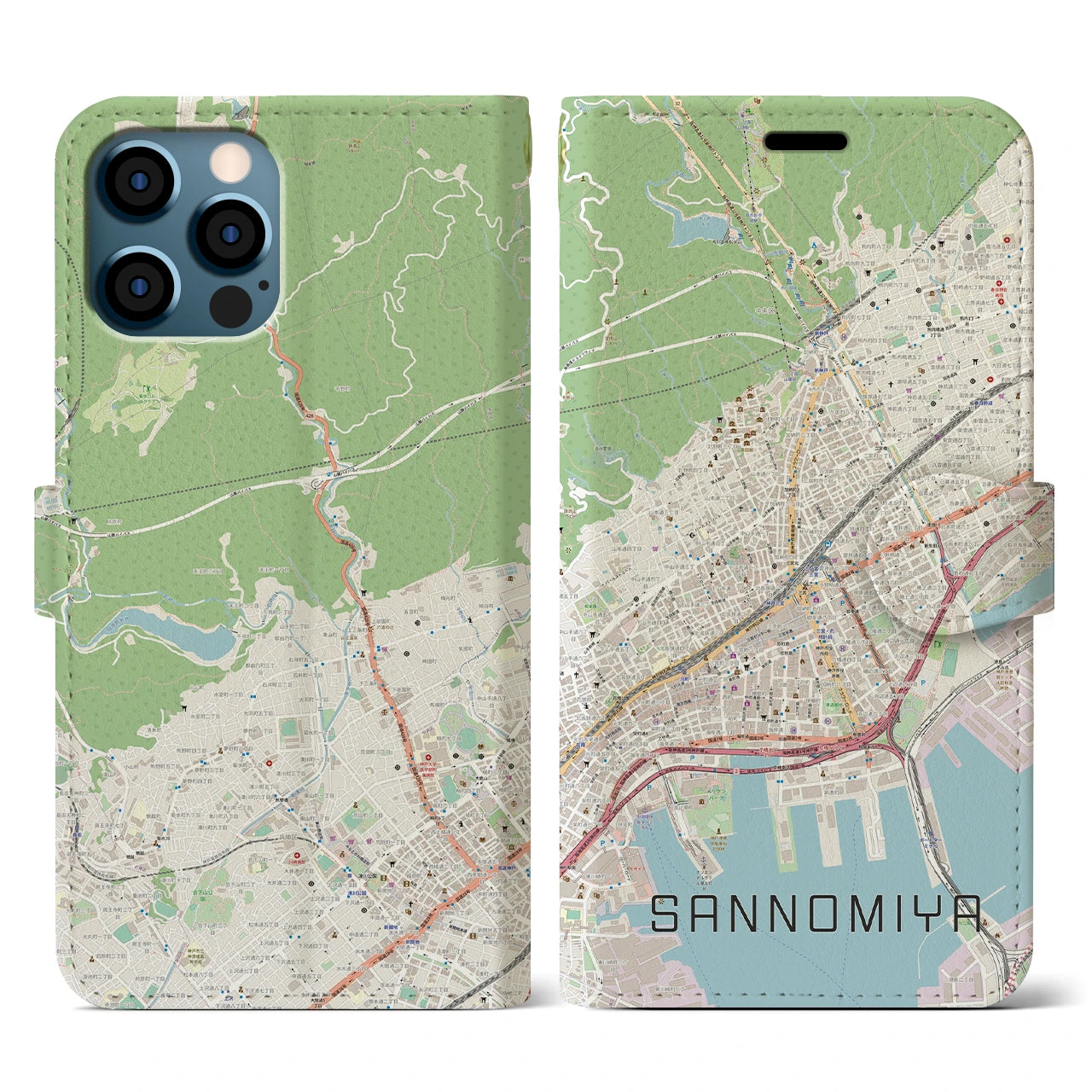 【三宮(兵庫県)】地図柄iPhoneケース(手帳タイプ)ナチュラル・iPhone 12 / 12 Pro 用
