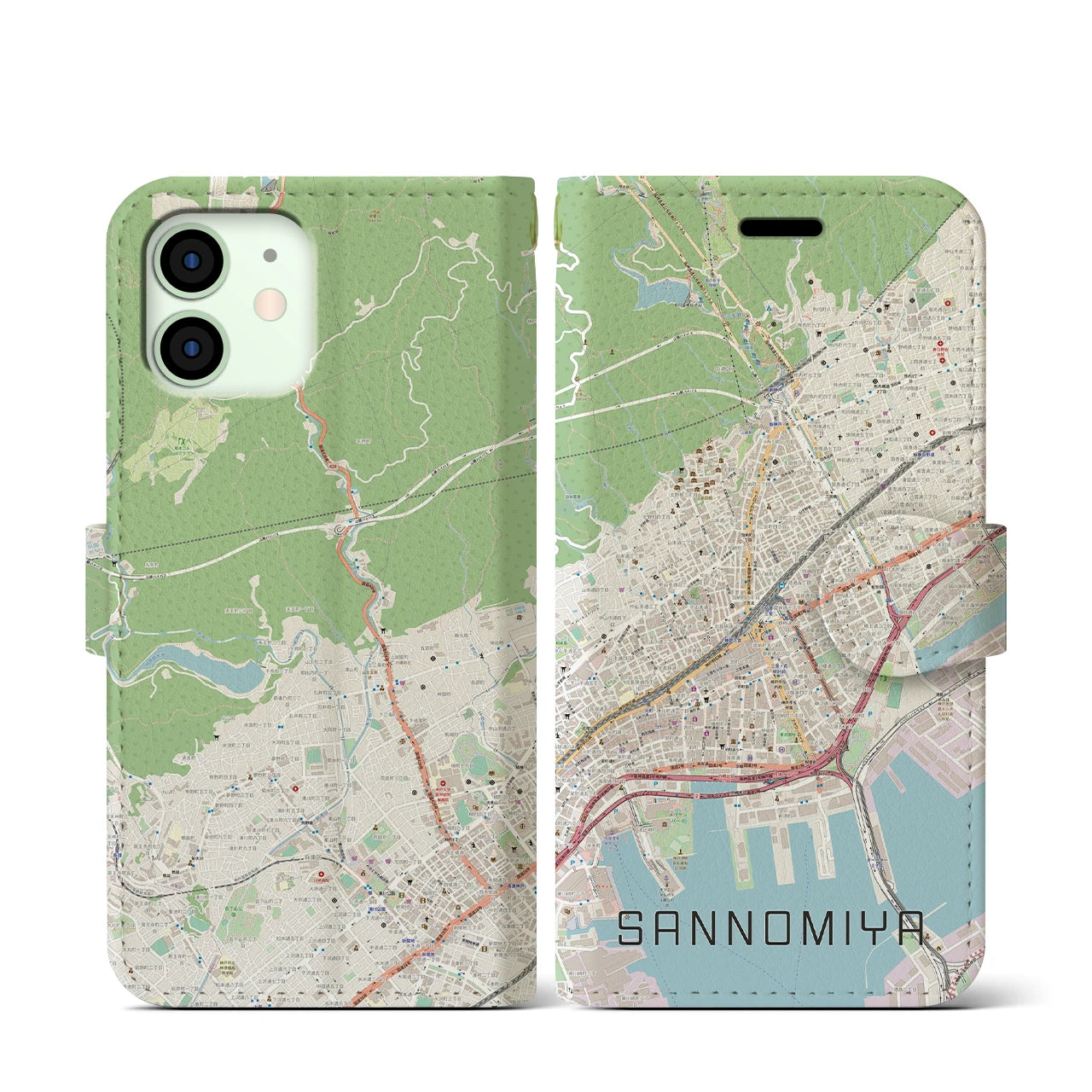 【三宮(兵庫県)】地図柄iPhoneケース(手帳タイプ)ナチュラル・iPhone 12 mini 用