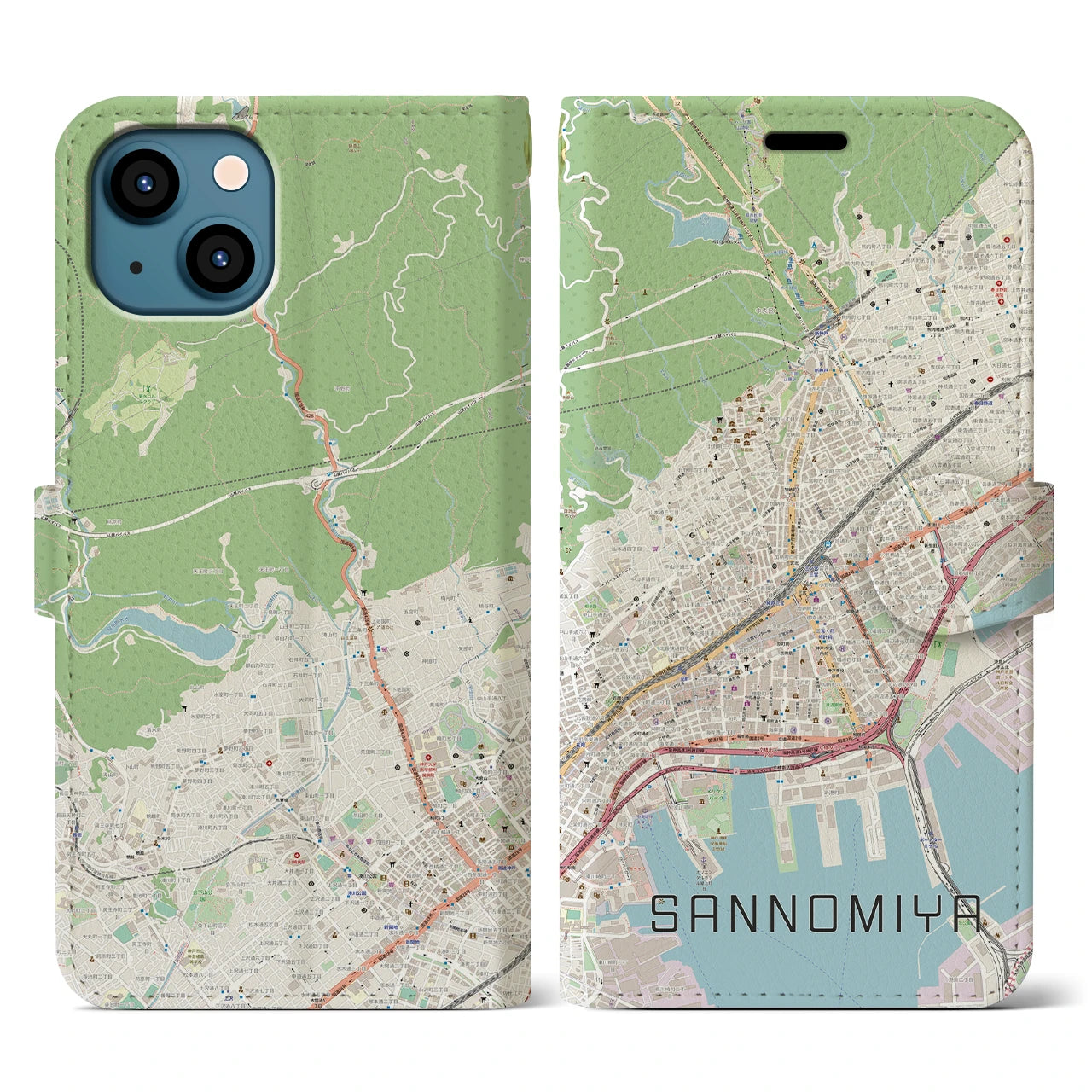 【三宮(兵庫県)】地図柄iPhoneケース(手帳タイプ)ナチュラル・iPhone 13 用