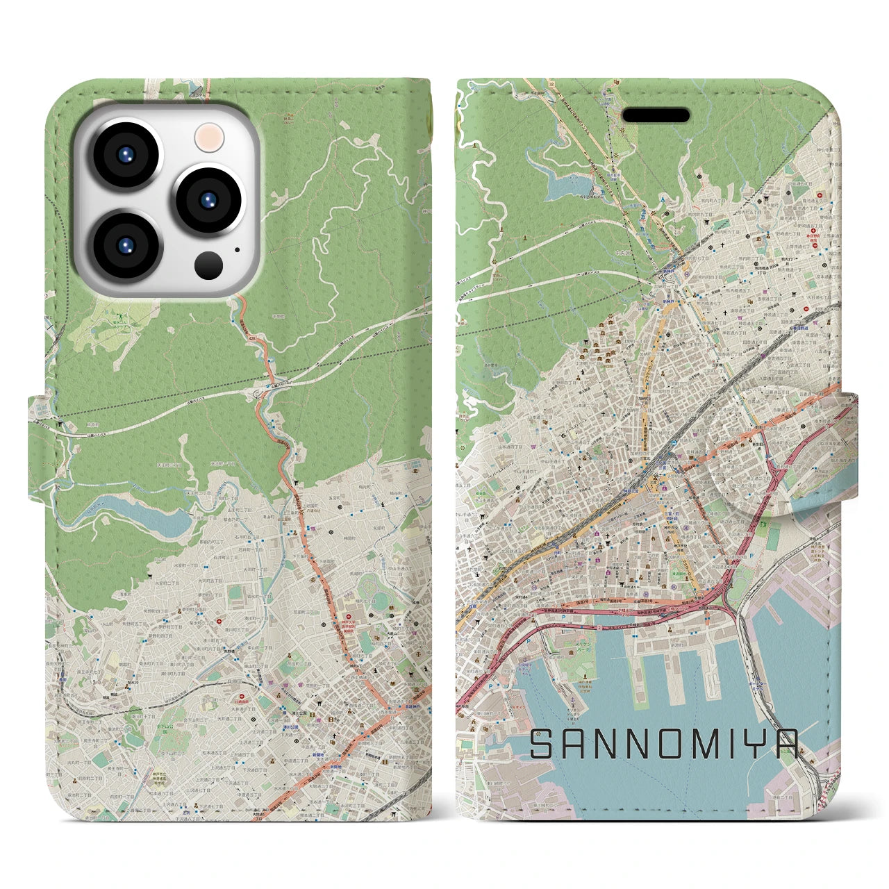 【三宮(兵庫県)】地図柄iPhoneケース(手帳タイプ)ナチュラル・iPhone 13 Pro 用
