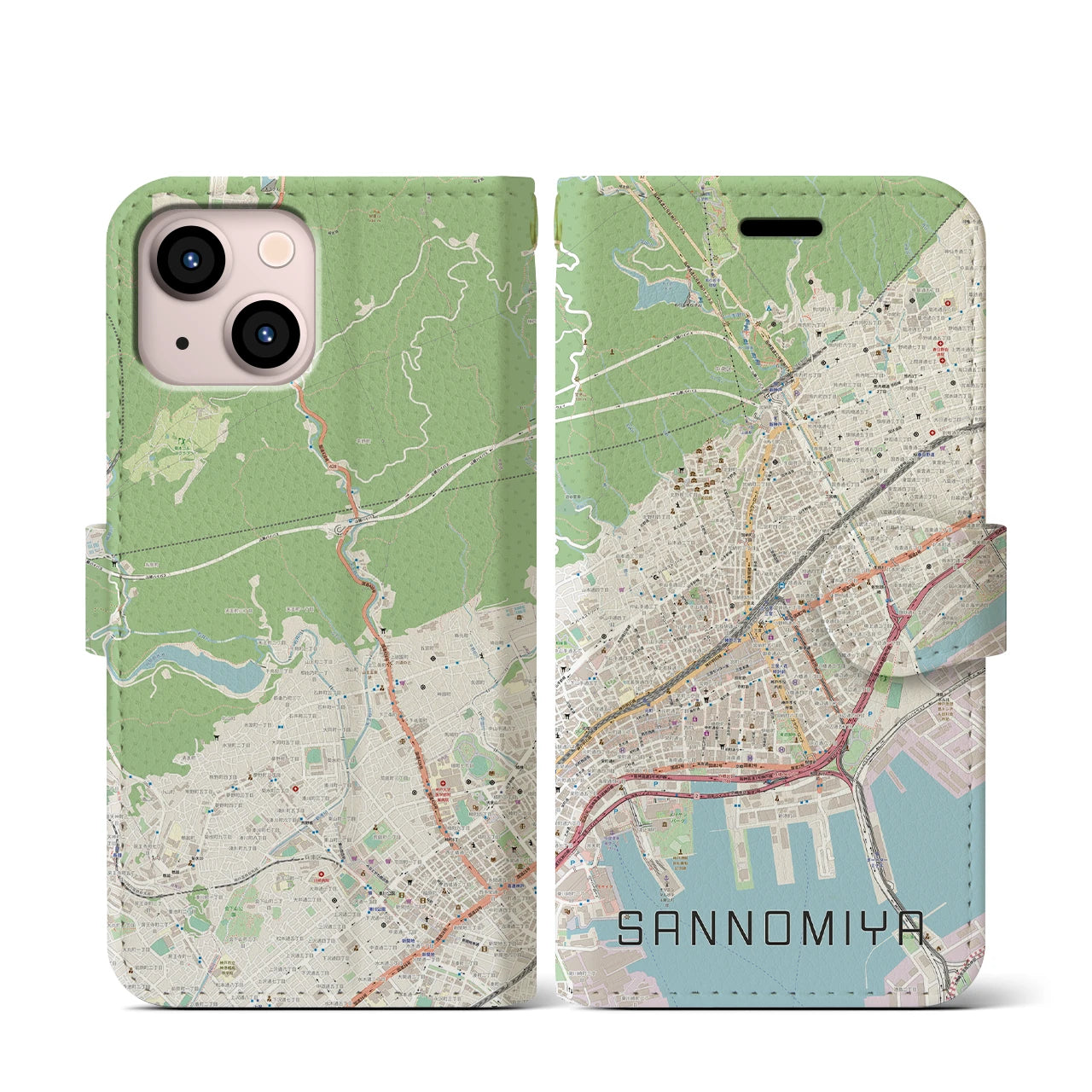 【三宮(兵庫県)】地図柄iPhoneケース(手帳タイプ)ナチュラル・iPhone 13 mini 用