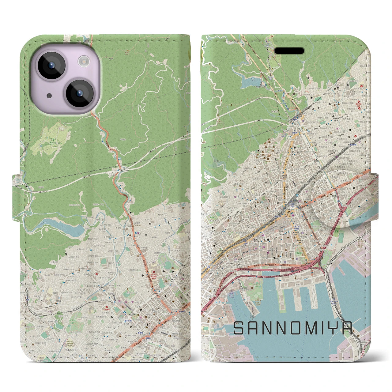 【三宮(兵庫県)】地図柄iPhoneケース(手帳タイプ)ナチュラル・iPhone 14 用