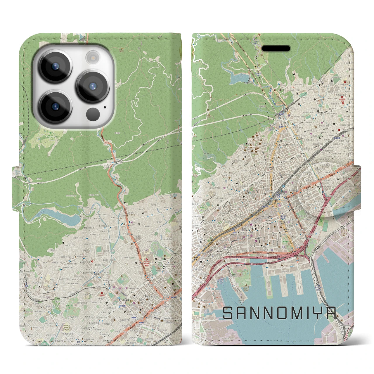 【三宮(兵庫県)】地図柄iPhoneケース(手帳タイプ)ナチュラル・iPhone 14 Pro 用