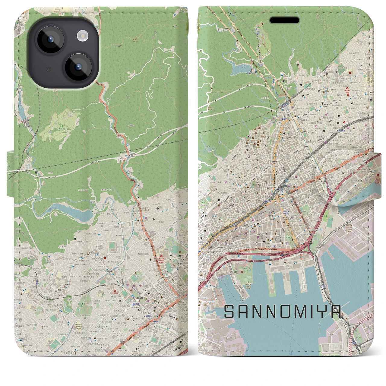【三宮(兵庫県)】地図柄iPhoneケース(手帳タイプ)ナチュラル・iPhone 14 Plus 用