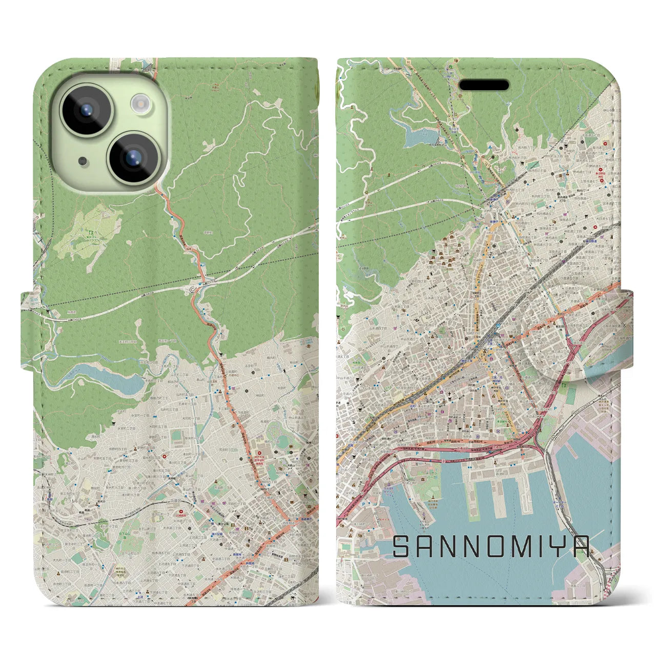 【三宮(兵庫県)】地図柄iPhoneケース(手帳タイプ)ナチュラル・iPhone 15 用
