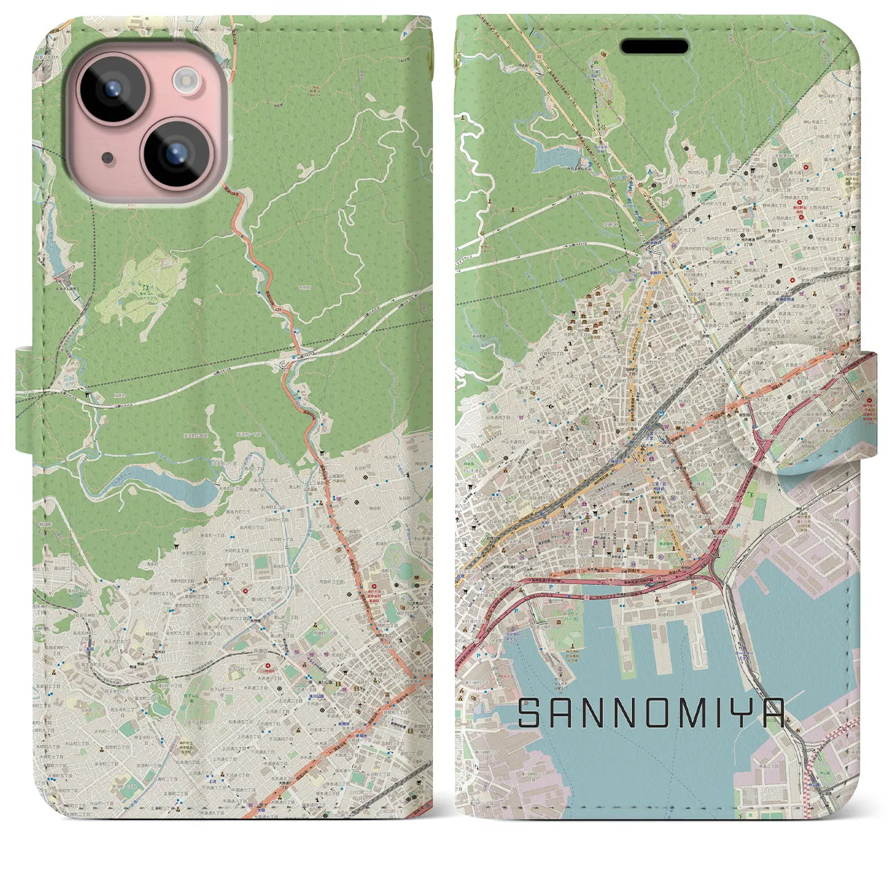 【三宮(兵庫県)】地図柄iPhoneケース(手帳タイプ)ナチュラル・iPhone 15 Plus 用