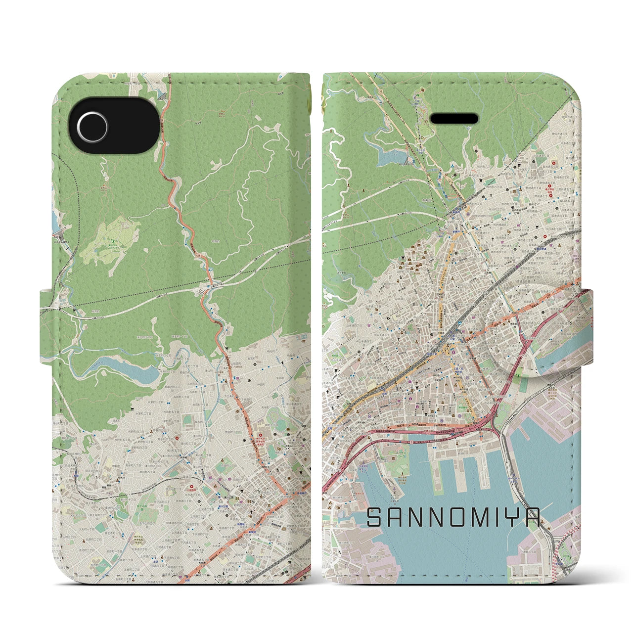 【三宮(兵庫県)】地図柄iPhoneケース(手帳タイプ)ナチュラル・iPhone SE(第3 / 第2世代) / 8 / 7 / 6s / 6 用