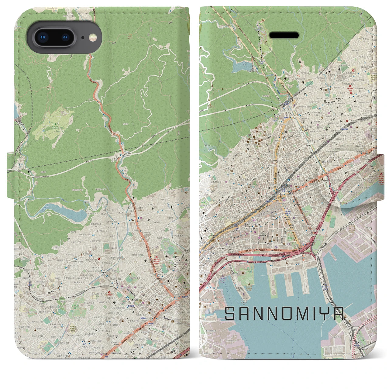 【三宮(兵庫県)】地図柄iPhoneケース(手帳タイプ)ナチュラル・iPhone 8Plus /7Plus / 6sPlus / 6Plus 用