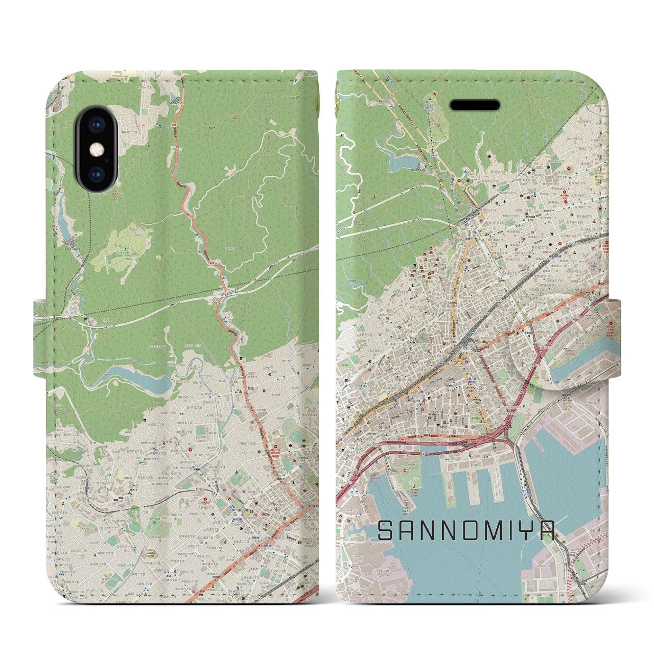 【三宮(兵庫県)】地図柄iPhoneケース(手帳タイプ)ナチュラル・iPhone XS / X 用