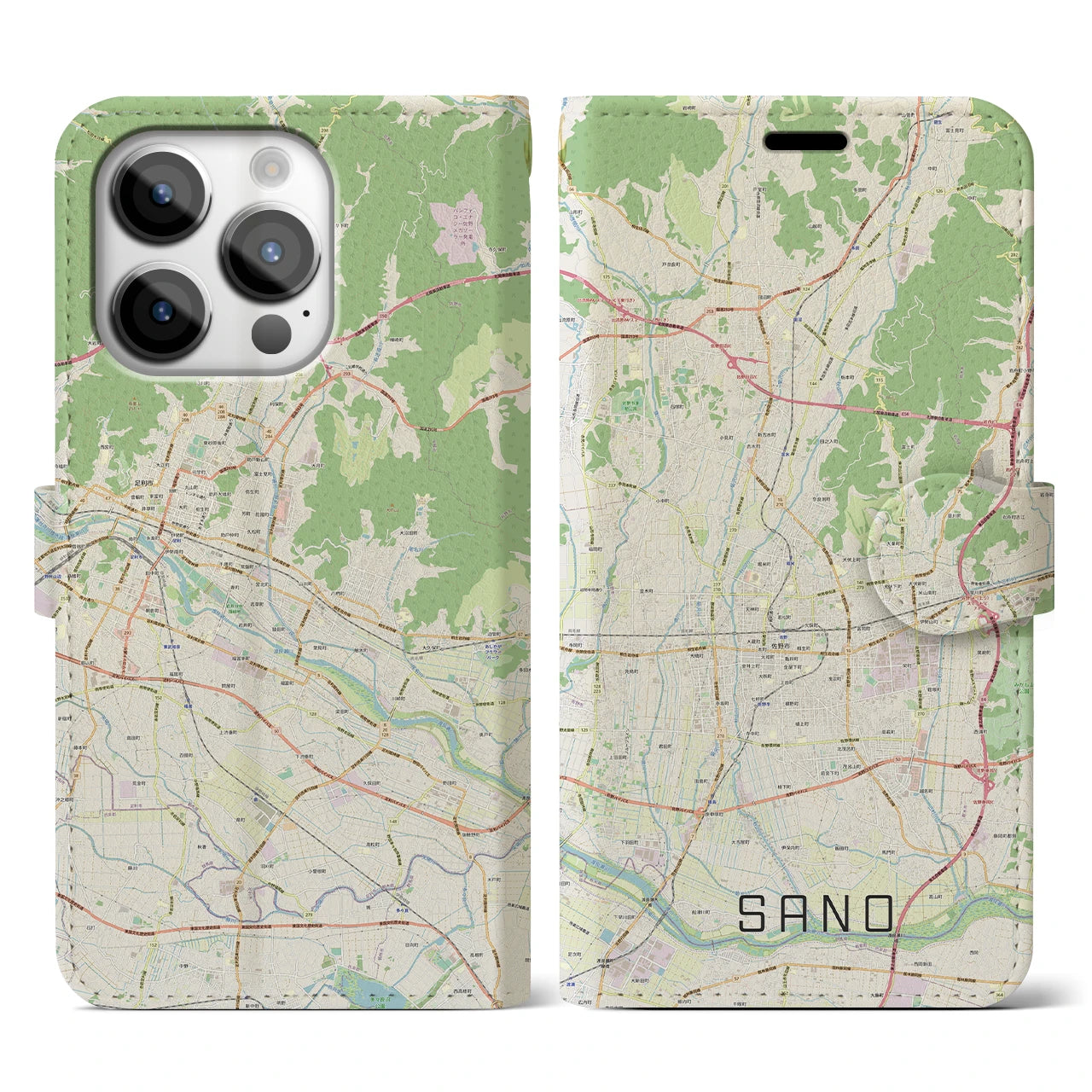【佐野(栃木県)】地図柄iPhoneケース(手帳タイプ)ナチュラル・iPhone 14 Pro 用