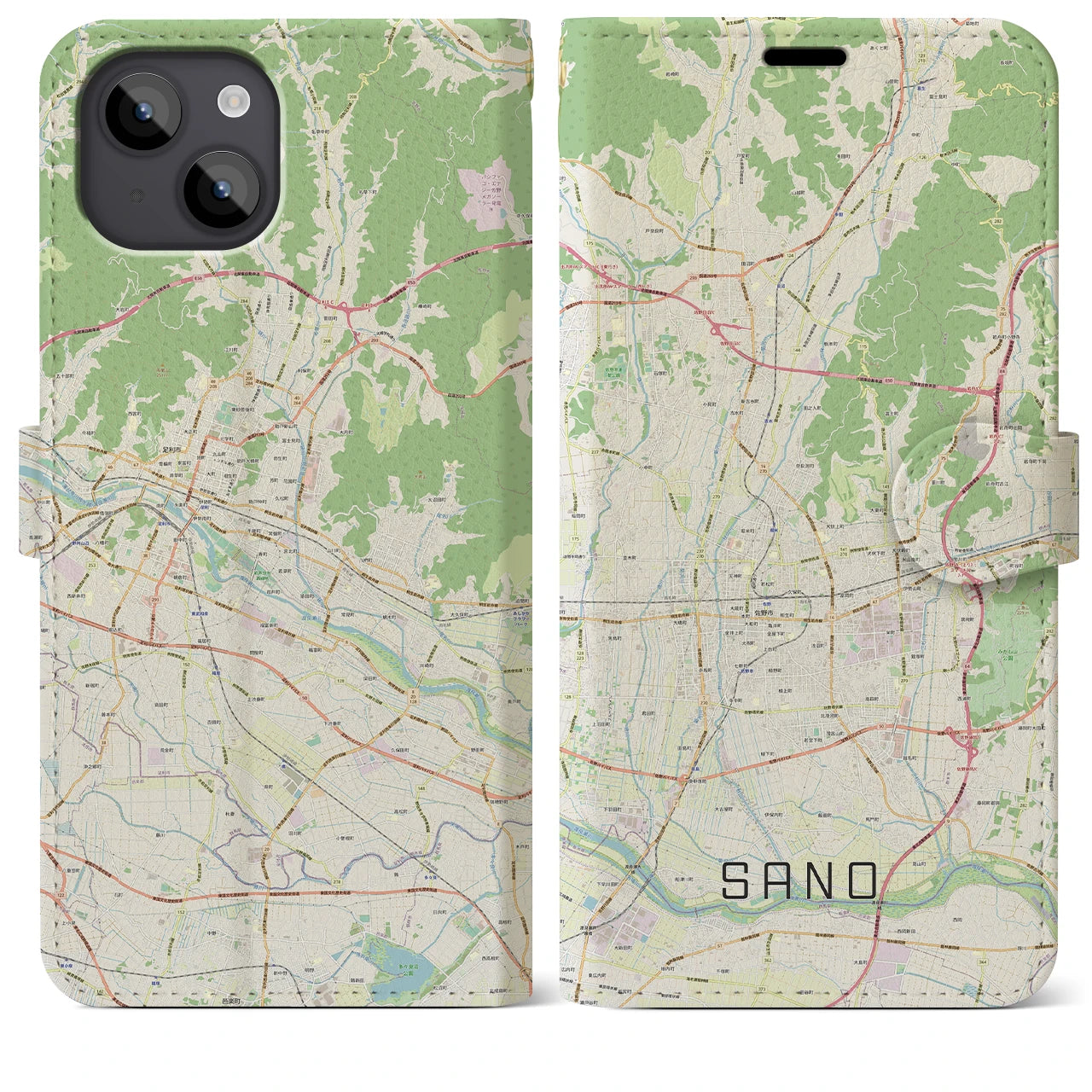 【佐野(栃木県)】地図柄iPhoneケース(手帳タイプ)ナチュラル・iPhone 14 Plus 用