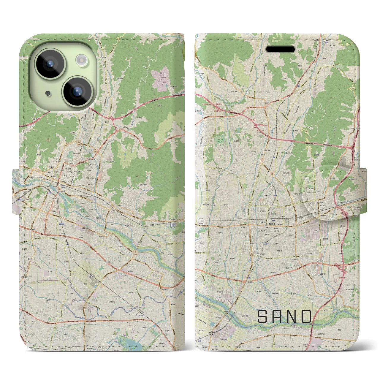 【佐野(栃木県)】地図柄iPhoneケース(手帳タイプ)ナチュラル・iPhone 15 用