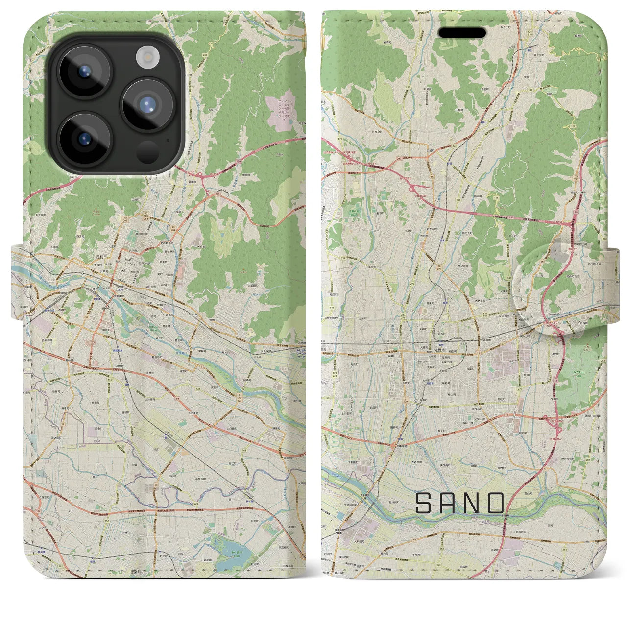【佐野(栃木県)】地図柄iPhoneケース(手帳タイプ)ナチュラル・iPhone 15 Pro Max 用