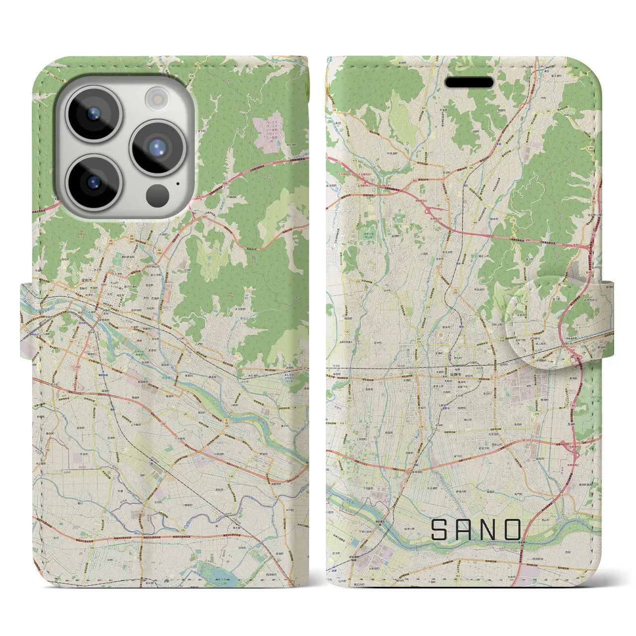 【佐野(栃木県)】地図柄iPhoneケース(手帳タイプ)ナチュラル・iPhone 15 Pro 用