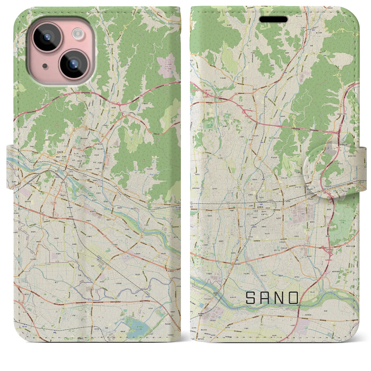 【佐野(栃木県)】地図柄iPhoneケース(手帳タイプ)ナチュラル・iPhone 15 Plus 用