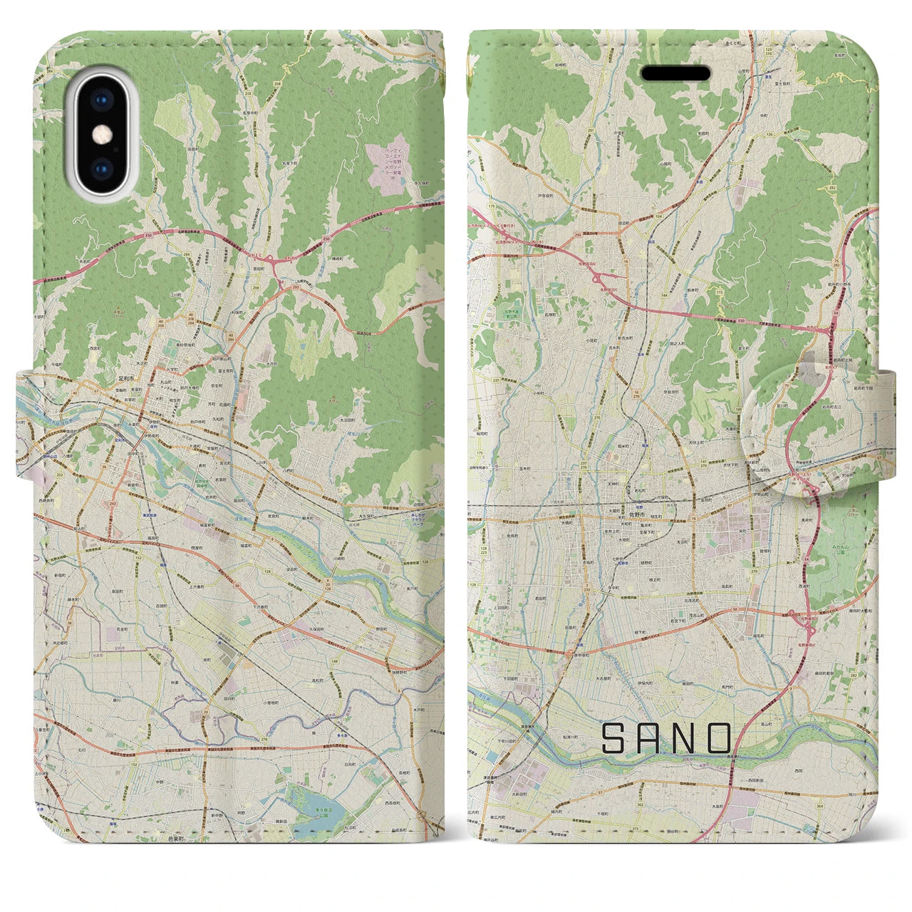 【佐野(栃木県)】地図柄iPhoneケース(手帳タイプ)ナチュラル・iPhone XS Max 用