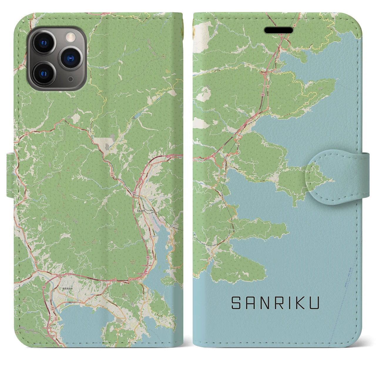 【三陸(岩手県)】地図柄iPhoneケース(手帳タイプ)ナチュラル・iPhone 11 Pro Max 用