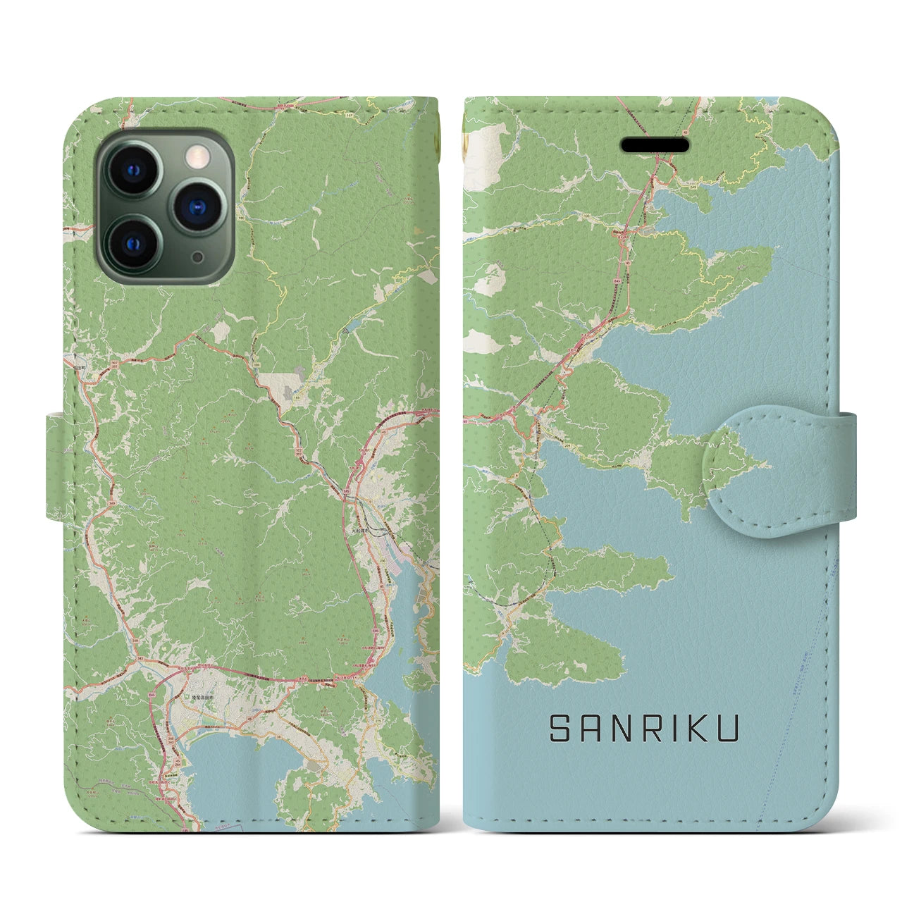 【三陸(岩手県)】地図柄iPhoneケース(手帳タイプ)ナチュラル・iPhone 11 Pro 用