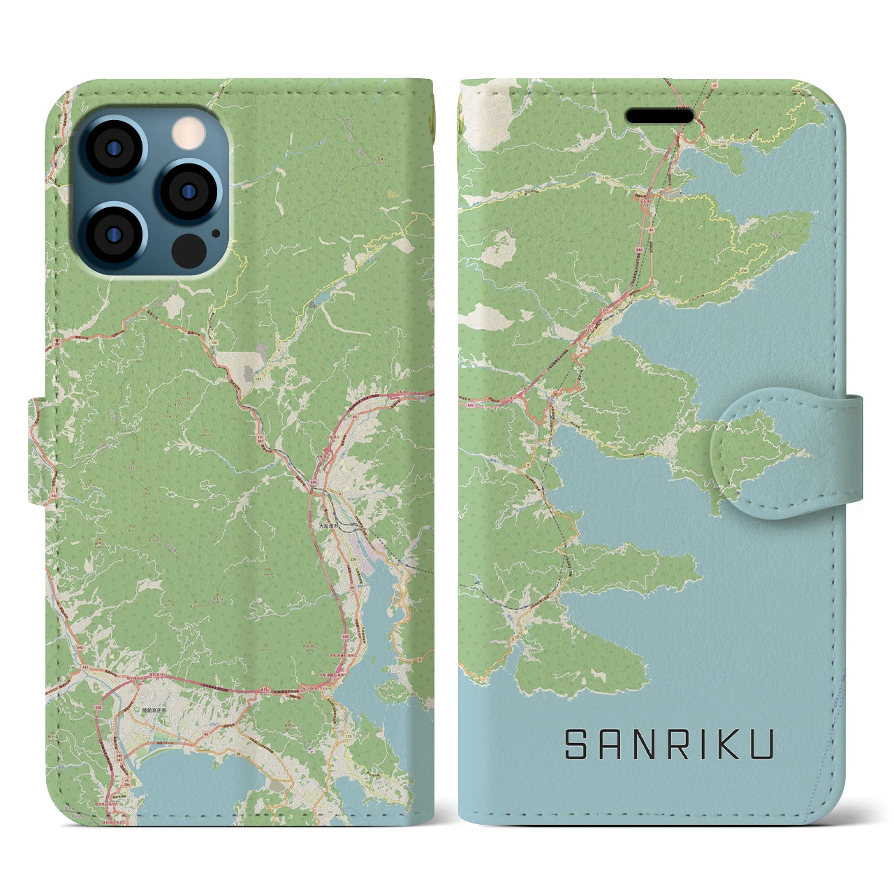 【三陸(岩手県)】地図柄iPhoneケース(手帳タイプ)ナチュラル・iPhone 12 / 12 Pro 用
