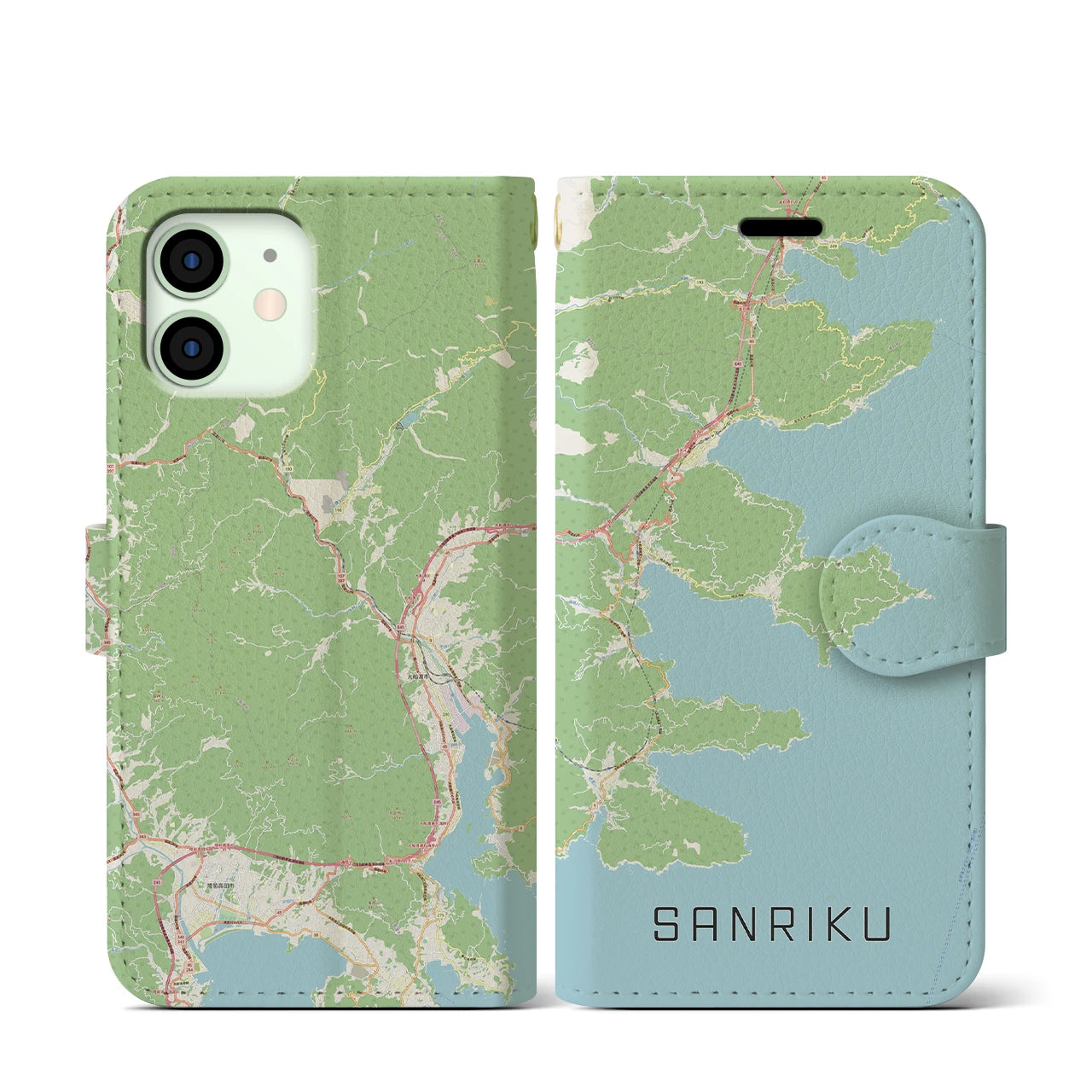 【三陸(岩手県)】地図柄iPhoneケース(手帳タイプ)ナチュラル・iPhone 12 mini 用