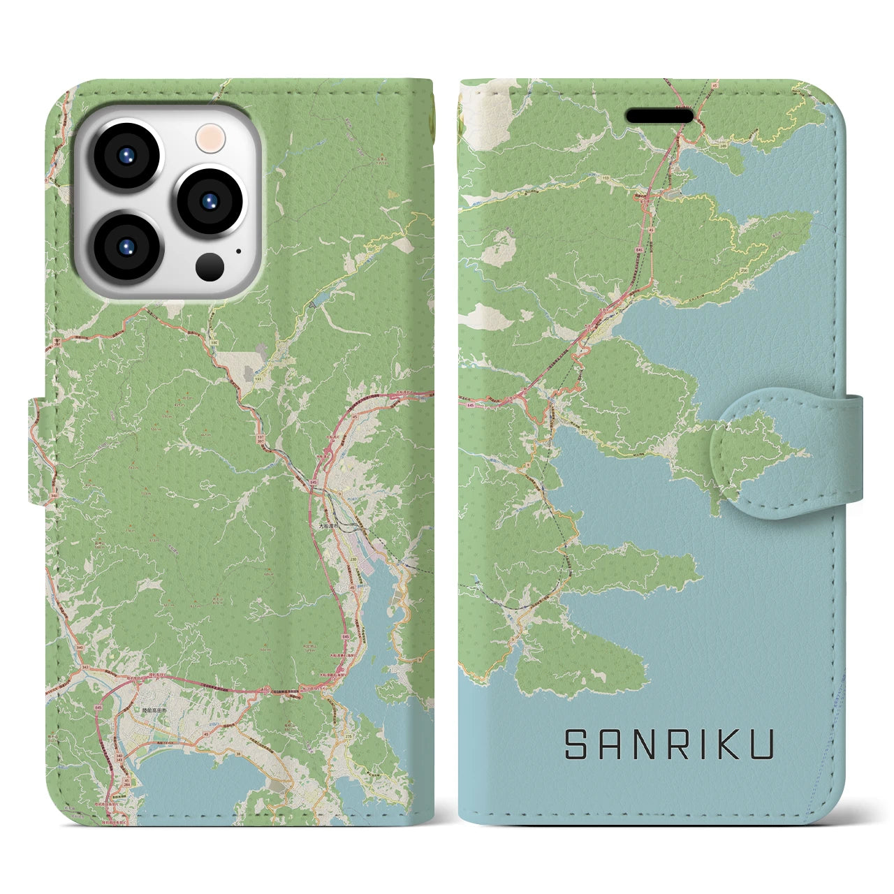 【三陸(岩手県)】地図柄iPhoneケース(手帳タイプ)ナチュラル・iPhone 13 Pro 用