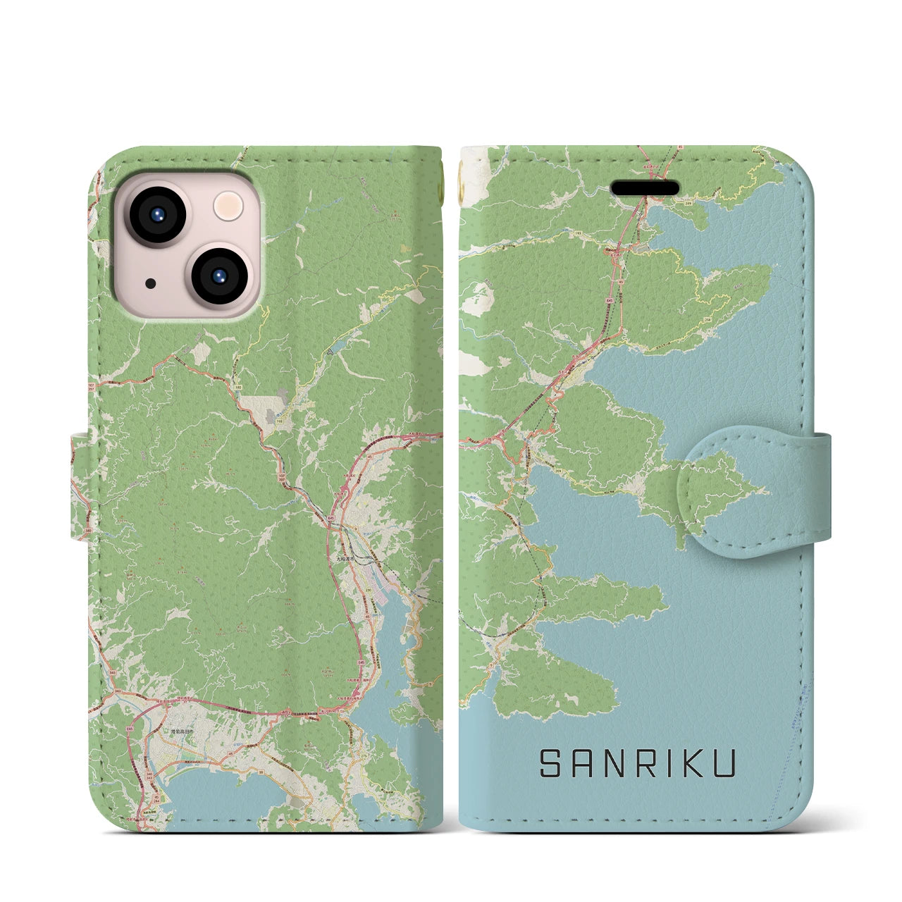 【三陸(岩手県)】地図柄iPhoneケース(手帳タイプ)ナチュラル・iPhone 13 mini 用