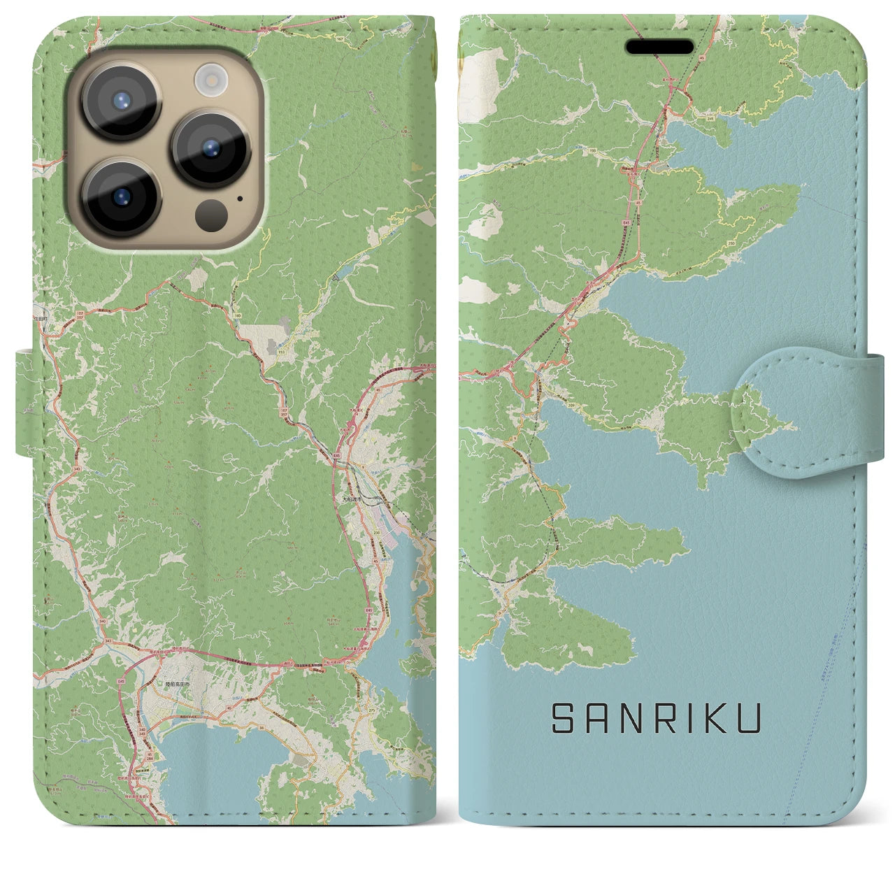 【三陸(岩手県)】地図柄iPhoneケース(手帳タイプ)ナチュラル・iPhone 14 Pro Max 用