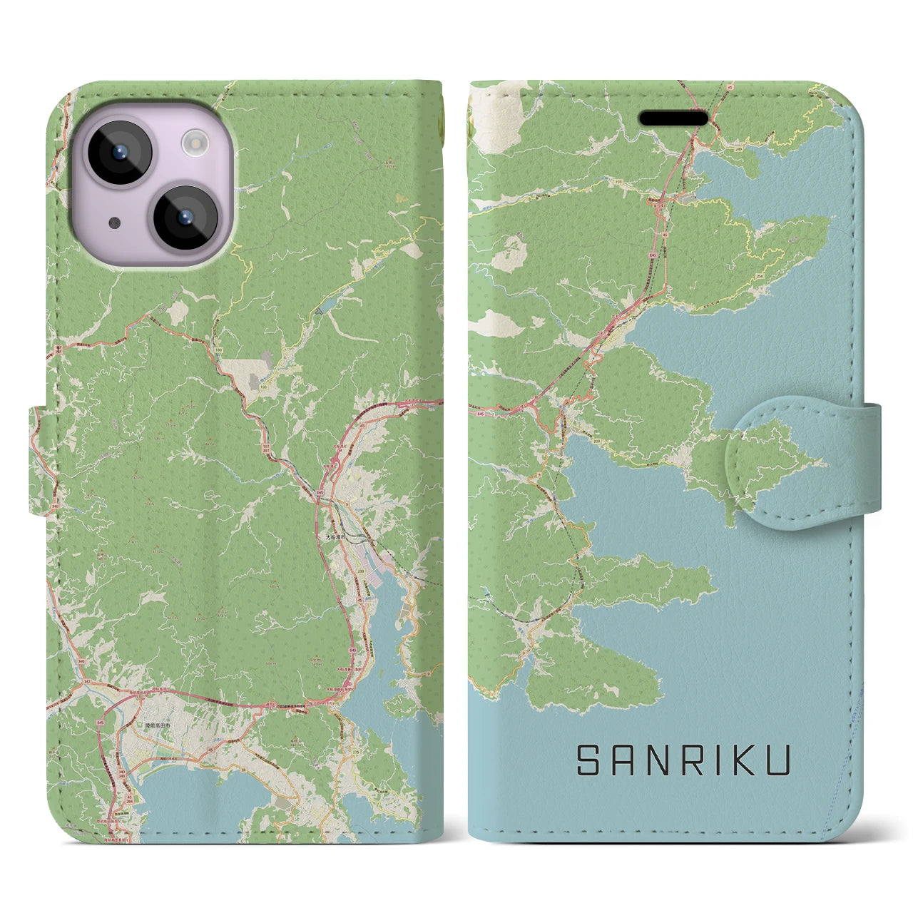 【三陸(岩手県)】地図柄iPhoneケース(手帳タイプ)ナチュラル・iPhone 14 用