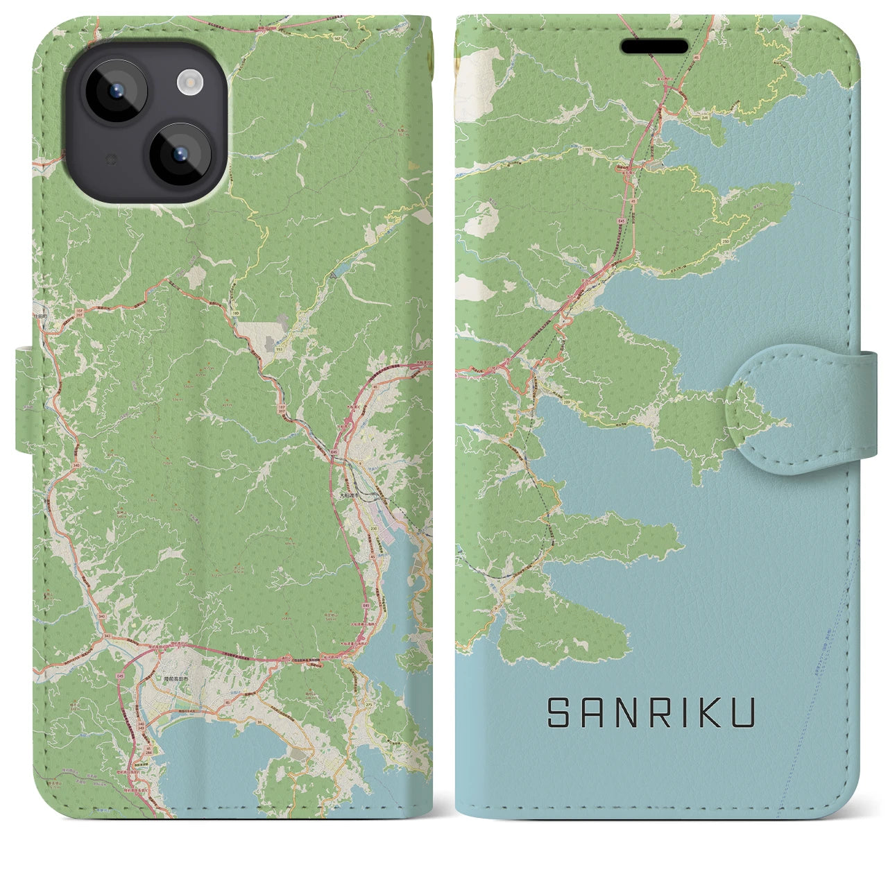 【三陸(岩手県)】地図柄iPhoneケース(手帳タイプ)ナチュラル・iPhone 14 Plus 用