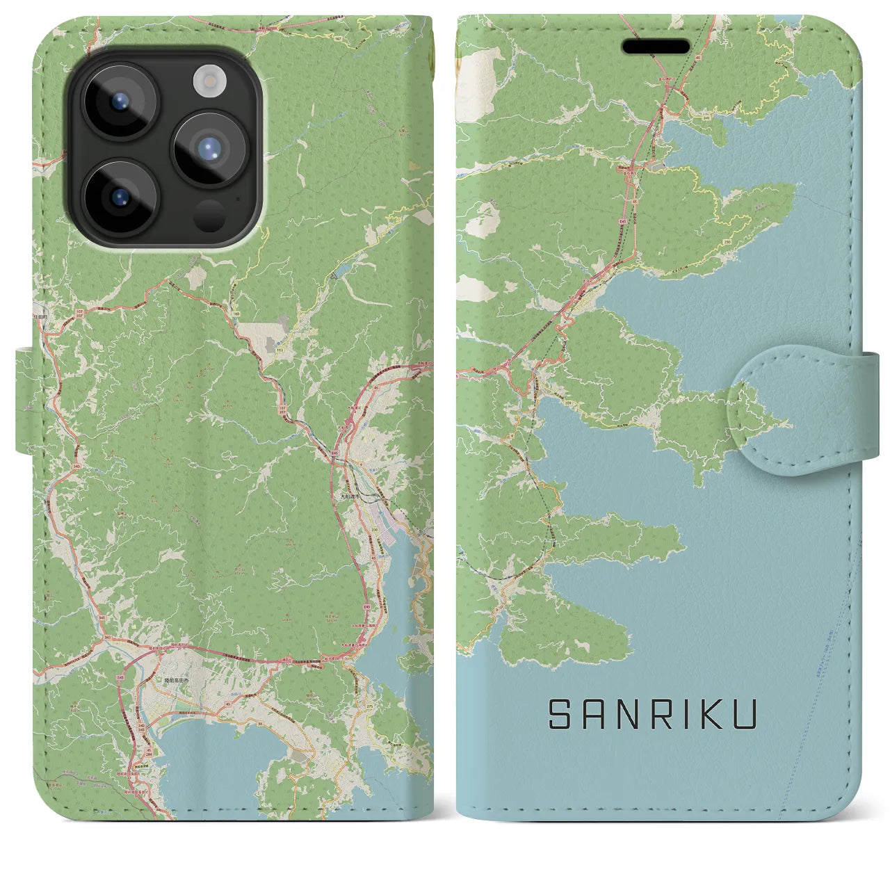 【三陸(岩手県)】地図柄iPhoneケース(手帳タイプ)ナチュラル・iPhone 15 Pro Max 用