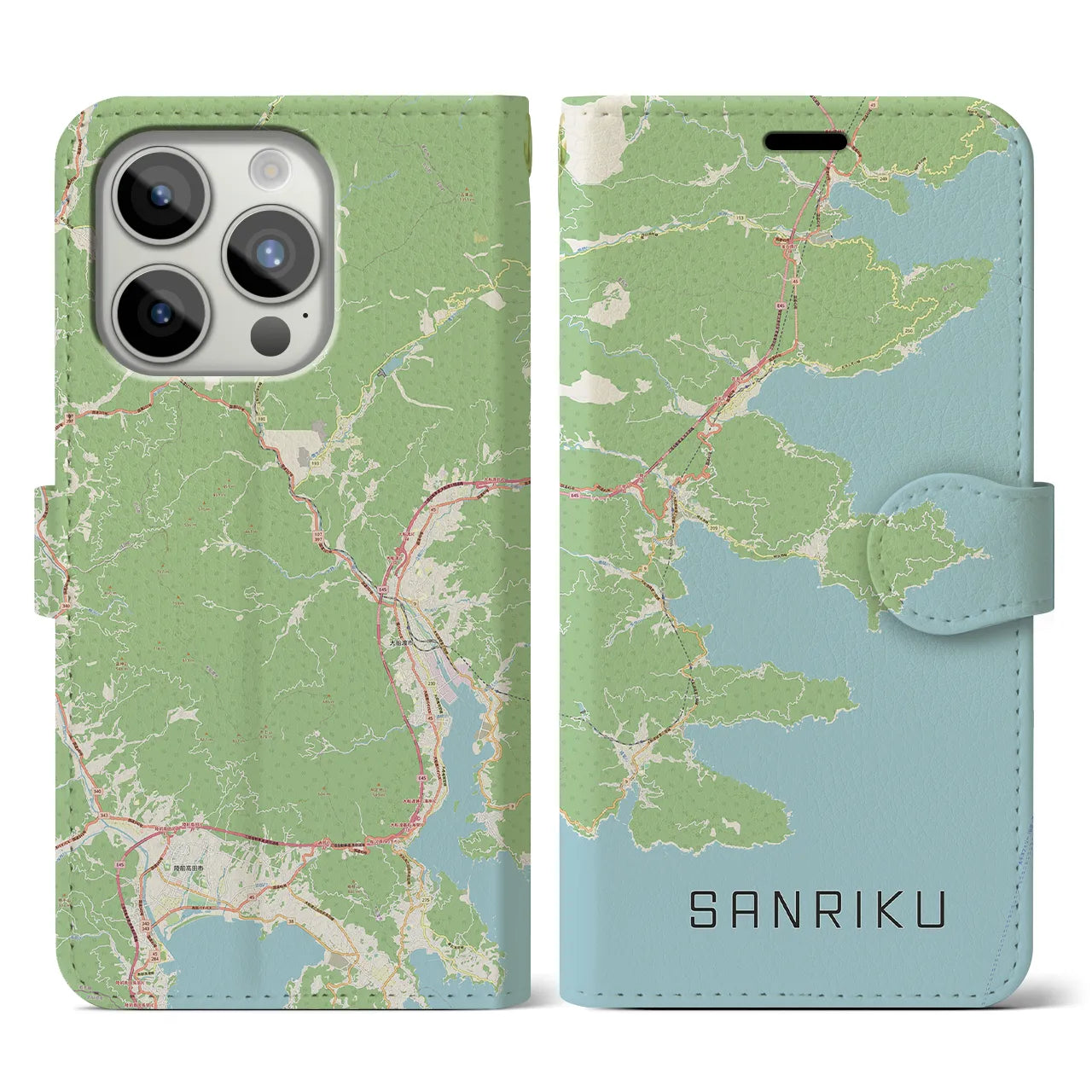 【三陸(岩手県)】地図柄iPhoneケース(手帳タイプ)ナチュラル・iPhone 15 Pro 用