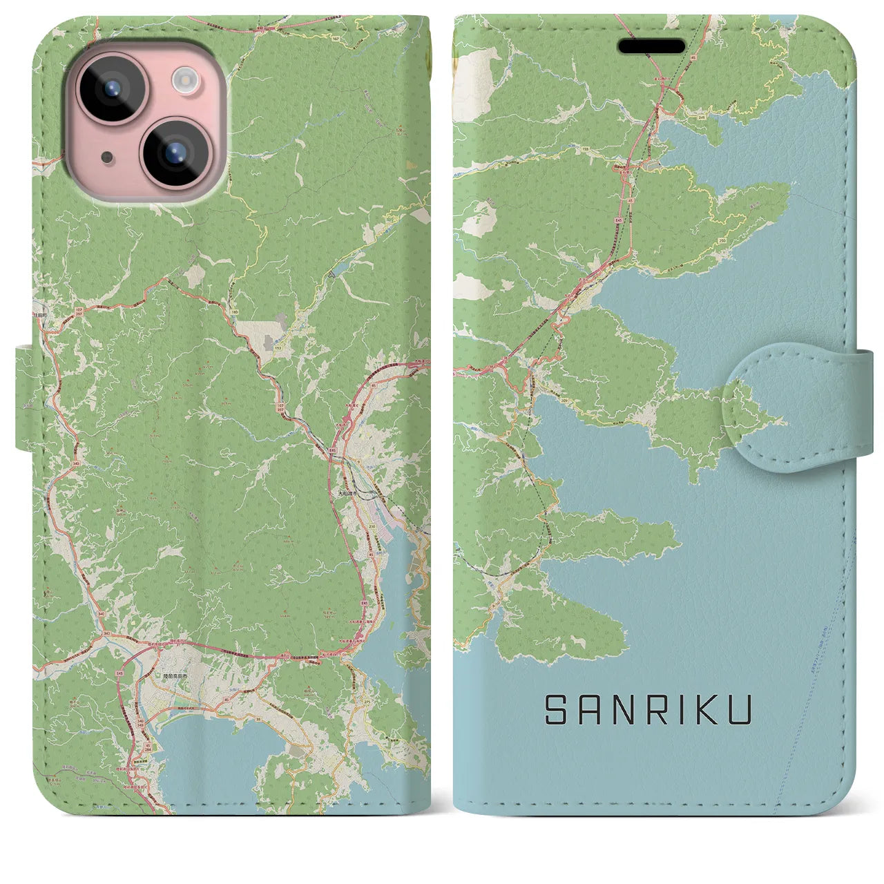 【三陸(岩手県)】地図柄iPhoneケース(手帳タイプ)ナチュラル・iPhone 15 Plus 用