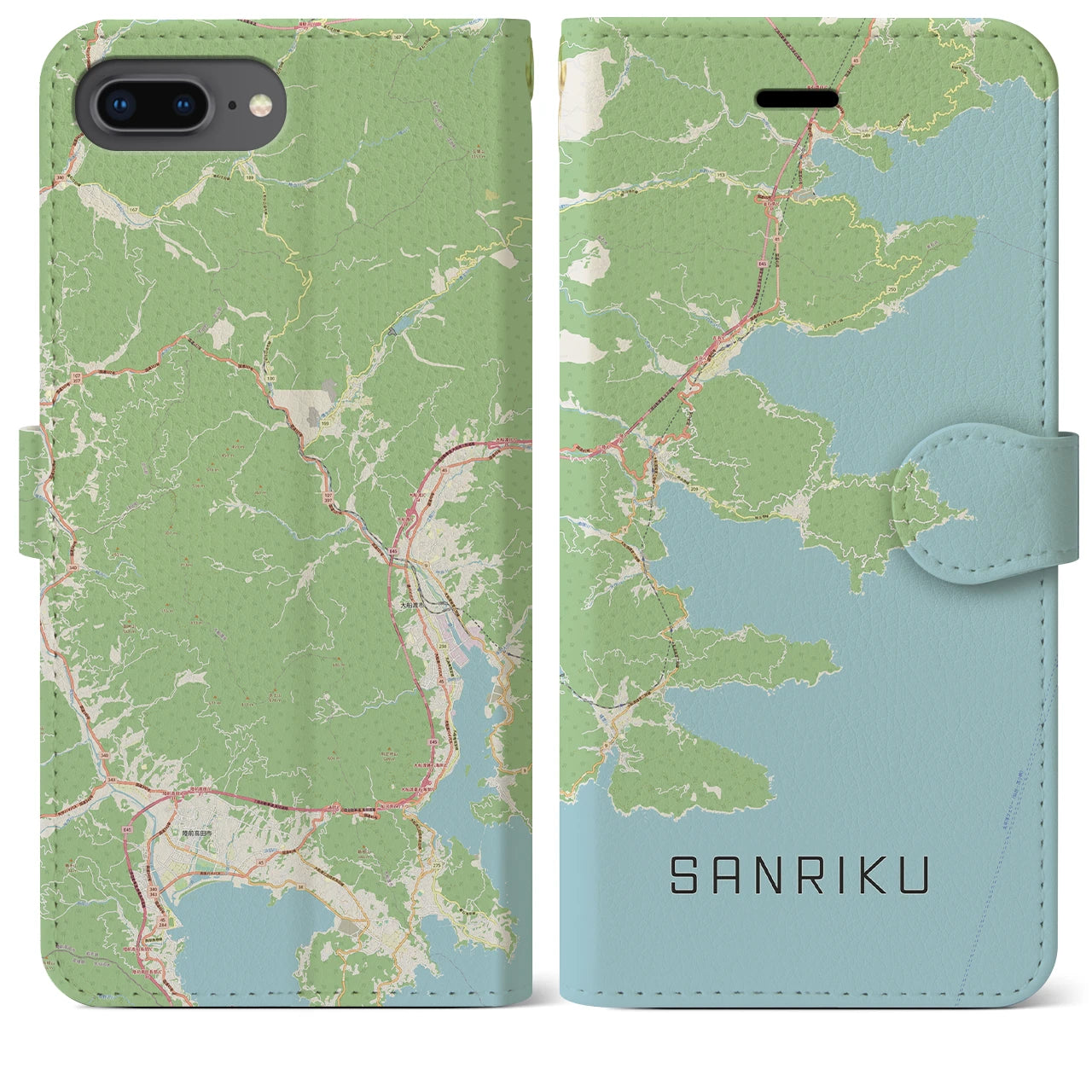 【三陸(岩手県)】地図柄iPhoneケース(手帳タイプ)ナチュラル・iPhone 8Plus /7Plus / 6sPlus / 6Plus 用
