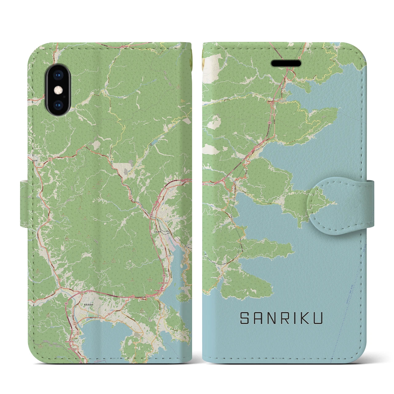 【三陸(岩手県)】地図柄iPhoneケース(手帳タイプ)ナチュラル・iPhone XS / X 用