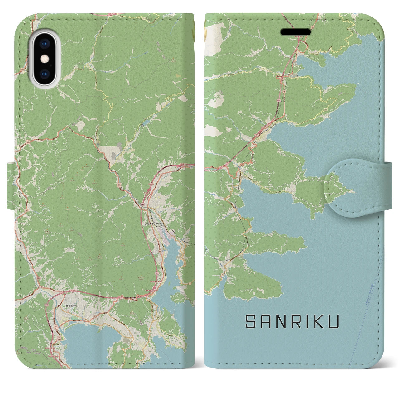 【三陸(岩手県)】地図柄iPhoneケース(手帳タイプ)ナチュラル・iPhone XS Max 用