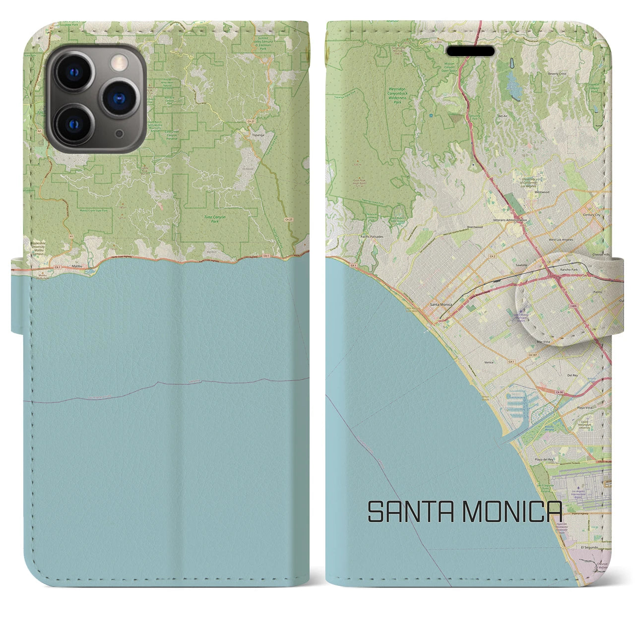 【サンタモニカ(アメリカ)】地図柄iPhoneケース(手帳タイプ)ナチュラル・iPhone 11 Pro Max 用
