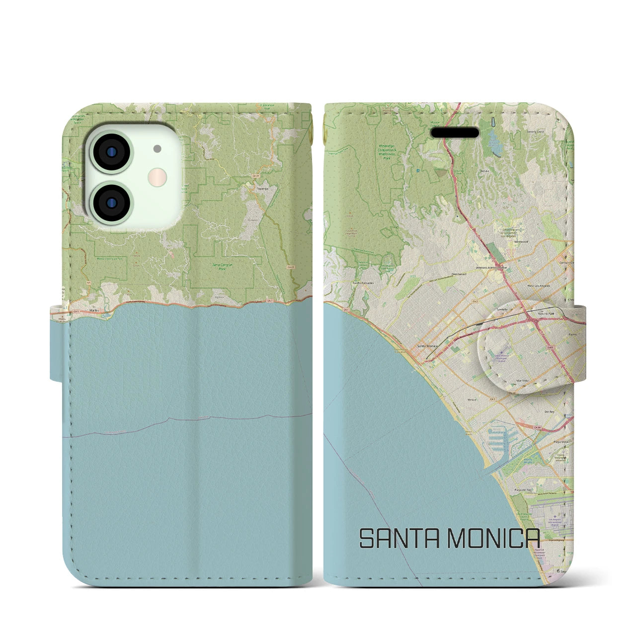 【サンタモニカ(アメリカ)】地図柄iPhoneケース(手帳タイプ)ナチュラル・iPhone 12 mini 用