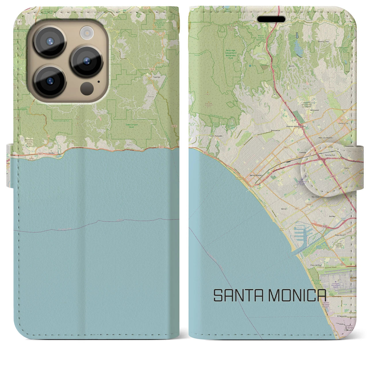 【サンタモニカ(アメリカ)】地図柄iPhoneケース(手帳タイプ)ナチュラル・iPhone 14 Pro Max 用