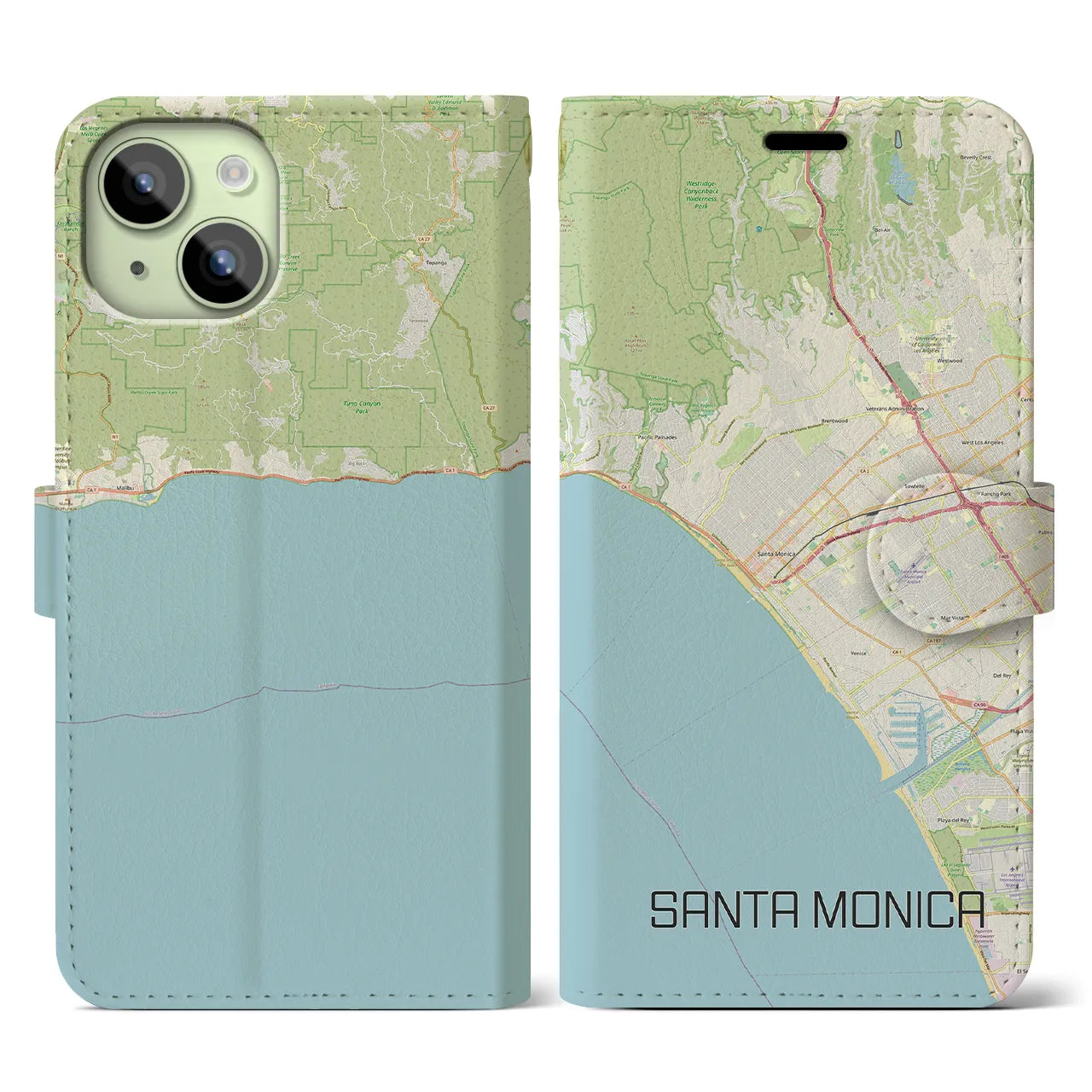 【サンタモニカ(アメリカ)】地図柄iPhoneケース(手帳タイプ)ナチュラル・iPhone 15 用