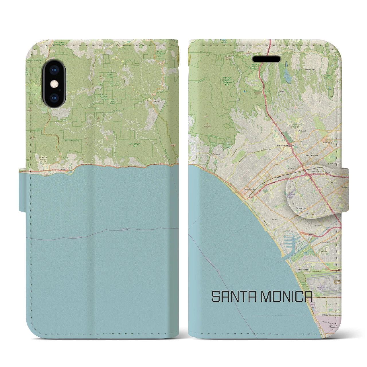 【サンタモニカ(アメリカ)】地図柄iPhoneケース(手帳タイプ)ナチュラル・iPhone XS / X 用