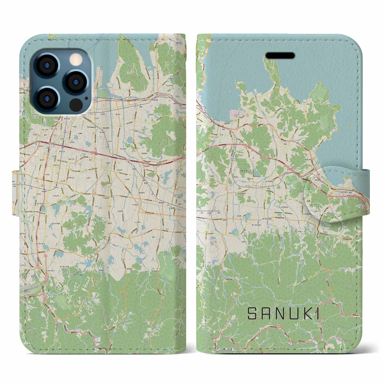 【さぬき(香川県)】地図柄iPhoneケース(手帳タイプ)ナチュラル・iPhone 12 / 12 Pro 用