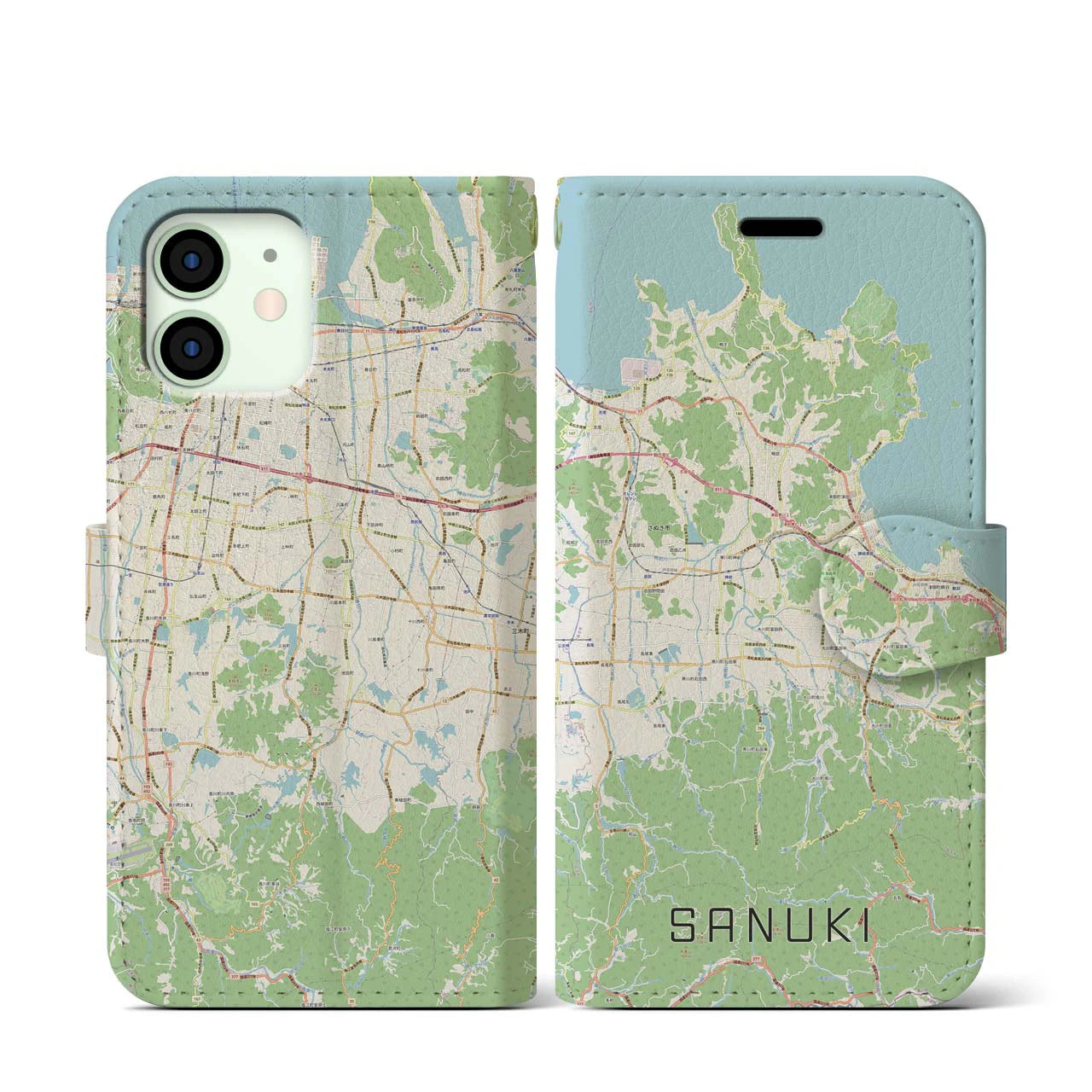 【さぬき(香川県)】地図柄iPhoneケース(手帳タイプ)ナチュラル・iPhone 12 mini 用