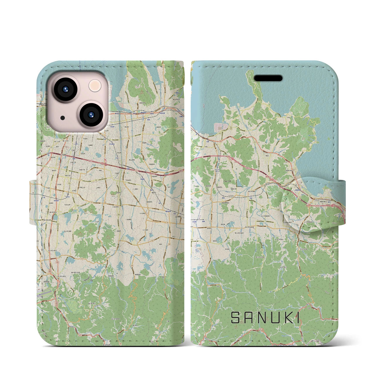 【さぬき(香川県)】地図柄iPhoneケース(手帳タイプ)ナチュラル・iPhone 13 mini 用