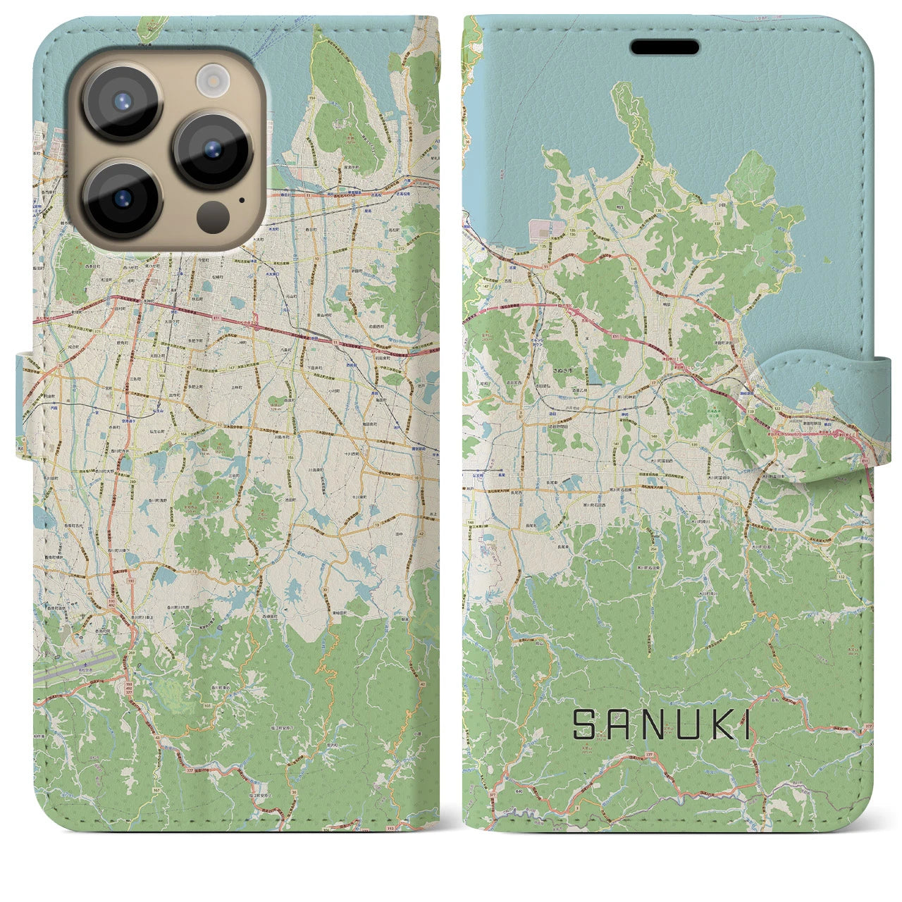 【さぬき(香川県)】地図柄iPhoneケース(手帳タイプ)ナチュラル・iPhone 14 Pro Max 用